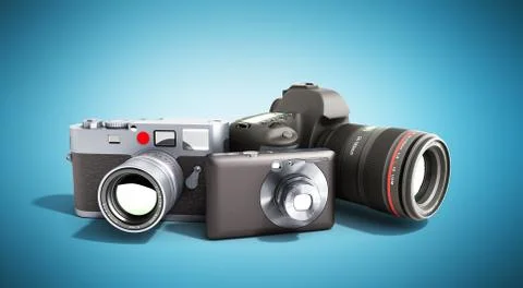 Photo cameras of different classes 3d render on blue Stock Illustration