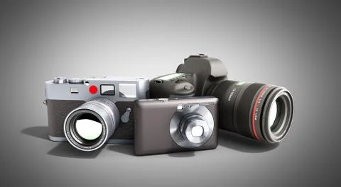Photo cameras of different classes 3d render on grey Stock Illustration