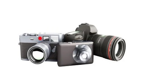 Photo cameras of different classes 3d render on white no shadow Stock Illustration