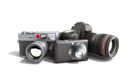 Photo cameras of different classes 3d render on white Stock Illustration