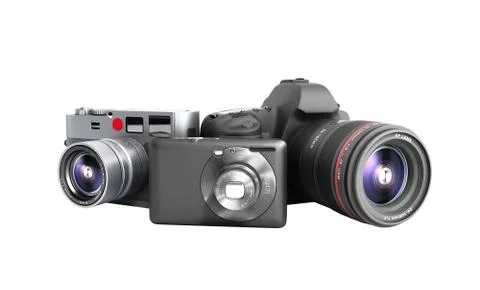 Photo cameras of different classes 3d render on white no shadow Stock Illustration
