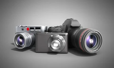 Photo cameras of different classes 3d render on grey Stock Illustration