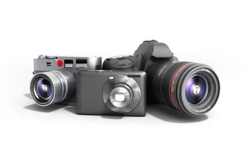 Photo cameras of different classes 3d render on white Stock Illustration