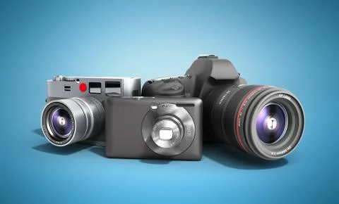 Photo cameras of different classes 3d render on blue Stock Illustration