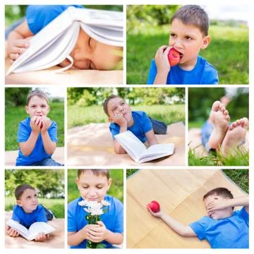 Photo collage of boy on picnic Stock Photos