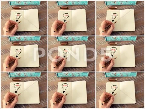 Photo collage with business texts written inside lighting bulbs as symbols fo Stock Photos