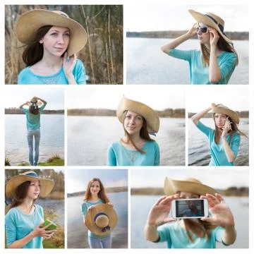 Photo collage of girl in hat Stock Photos