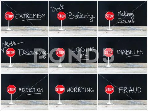 Photo collage of STOP messages written on chalkboard Stock Photos