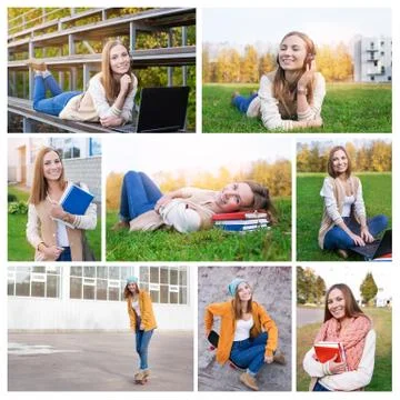 Photo collage of student at campus Stock Photos