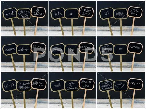 Photo collage of various business messages written on mini blackboard labels Stock Photos