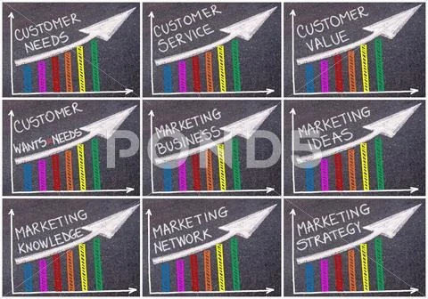 Photo collage of various business messages written over colorful graph and ri Stock Photos