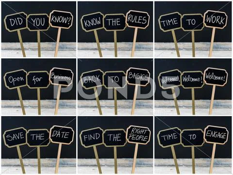 Photo collage of various business messages written on mini blackboard labels Stock Photos
