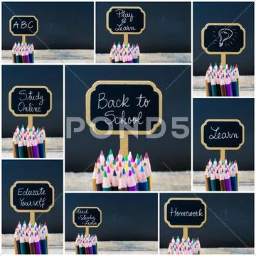 Photo collage of wooden mini blackboard labels on the theme Back To School Stock Photos