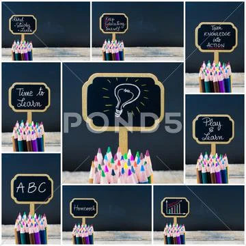 Photo collage of wooden mini blackboard labels on the theme Educate Yourself Stock Photos
