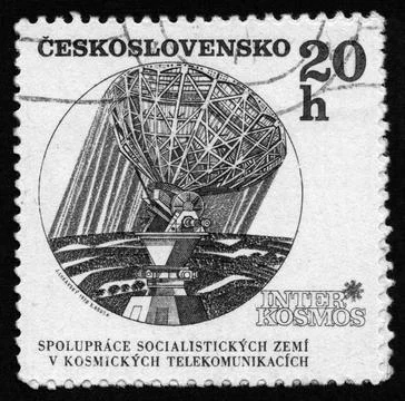 Photo, Czechoslovakia, Intercosmos program, parabolic antenna, cooperation 库存照片