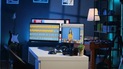 Photo editing software on computer screen in empty studio used for enhancing Foto stock