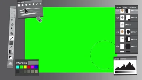 Photo editing software green screen interface animation. Toolbar, panels Stock Footage 312303598