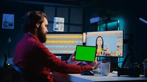 Photo editor following tutorial on green screen tablet, learning how to build Stock Photos