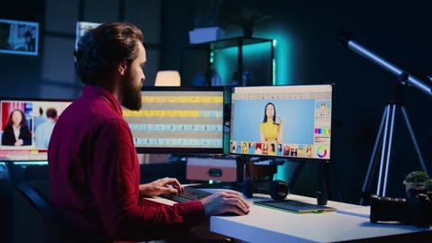 Photo editor using desktop PC tp make ad... | Stock Video | Pond5