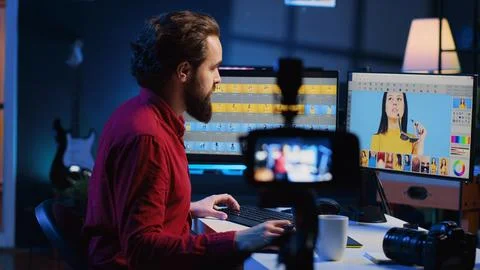 Photo editor using professional content creation equipment to record vlog in Foto stock