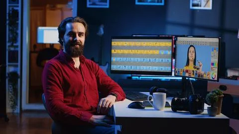 Photo editor vlogging, doing tutorial on how to use editing software to retouch Stock Photos