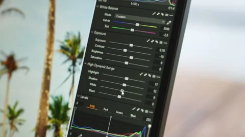 Photo editor working with image editing software. Travel photographer edits Stock Footage 248681197