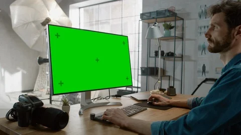 Photo Editor Works on Desktop Computer with Green Mock-up Screen Display Stock-Footage 111572539