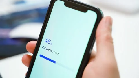 Photo enhancement failed error on smartphone screen. Progress bar turning red Stock Footage 342735367