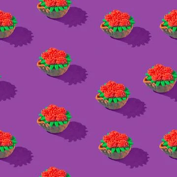 Photo in the form of a seamless pattern. Red flowers in a green basket with Stock Illustration