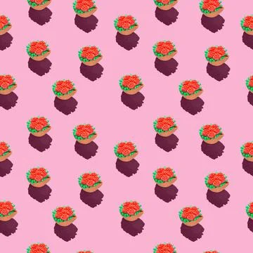 Photo in the form of a seamless pattern. Red flowers in a green basket with Stock Illustration