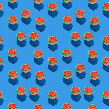 Photo in the form of a seamless pattern. Red flowers in a green basket with Stock Illustration