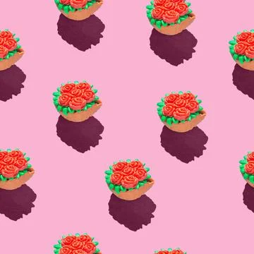 Photo in the form of a seamless pattern. Red flowers in a green basket with Stock Illustration