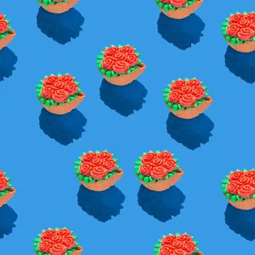 Photo in the form of a seamless pattern. Red flowers in a green basket with Stock Illustration