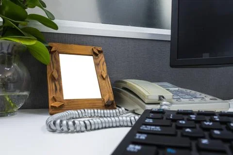 Photo Frame Billboard Rectangular White Mockup on the Desk 스톡 사진
