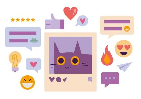 Photo frame with cute cat, post for social media. Comments, likes and react.. Illustrazione stock