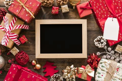 Photo frame gift boxes set christmas decorations . High quality and resolution Stock Photos