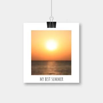 Photo frame hanging by binder clips with picture of blurred sunset over the s Stock Illustration