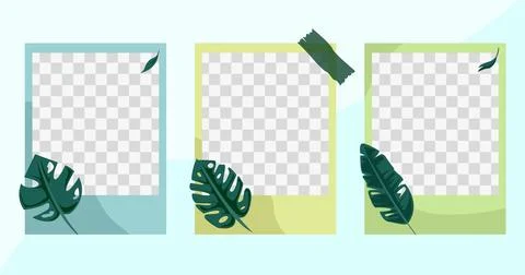 Photo frame set template with cute green leaf element and tape Stock Illustration