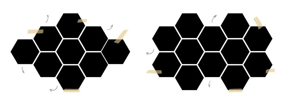 Photo frame set with two honeycomb collage grids and tape. Black photo hexagons Stock Illustration
