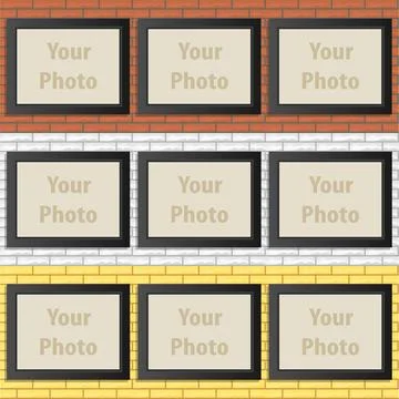 Photo frame templates set on different brick wall backgrounds red white and. Stock Illustration