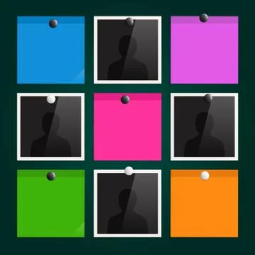 Photo frames and sticky notes attached to a blackboard with magnets. Vector. Illustrazione stock