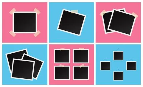 Photo frames collage set. Blank instant photos on pink and blue backgrounds Stock Illustration