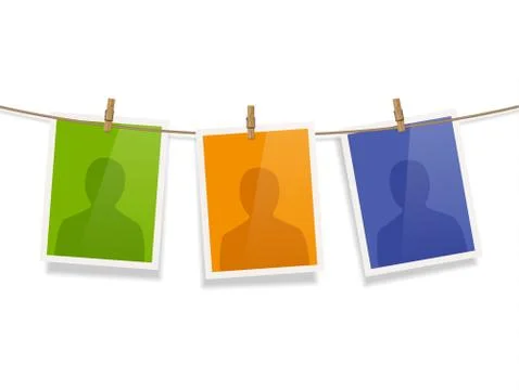 Photo frames fixed on the rope with clothespins. Vector. Stock Illustration