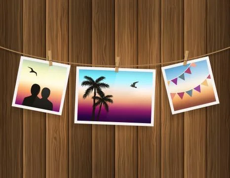 Photo frames fixed on the rope with clothespins on wood background. Vector. Stock Illustration