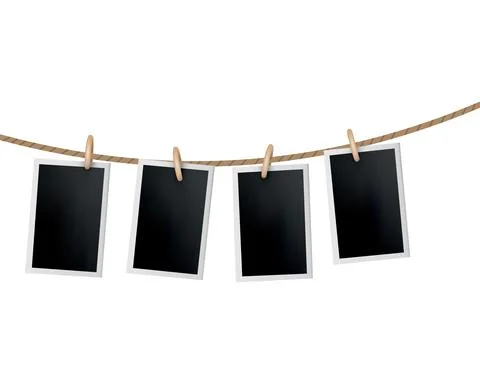 Photo frames hanged on rope. Retro instant photos on thread. Card frame image Illustrazione stock