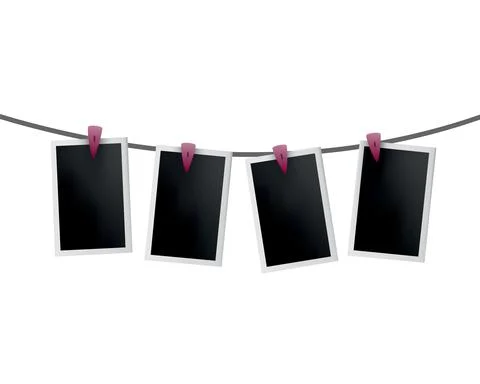Photo frames hanged on rope. Retro instant photos on thread. Card frame image Stock Illustration