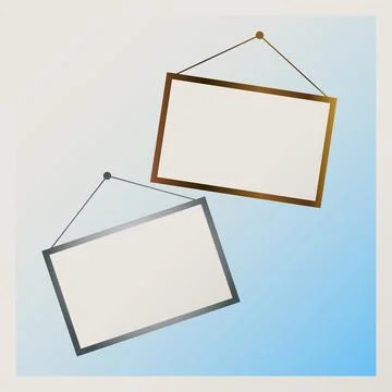 Photo frames hanging on blue gradient background. Set of 2 empty frames Stock Illustration