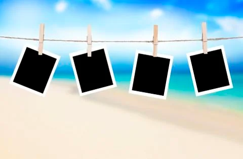 Photo frames hanging on a rope Illustrazione stock