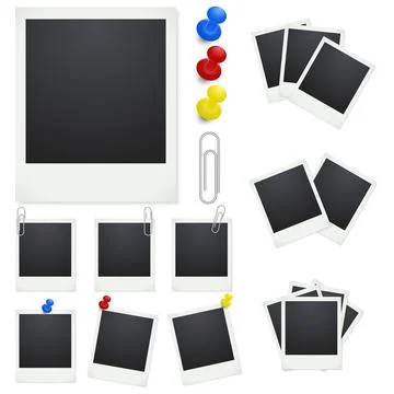 Photo Frames, Paper Clips and Push Pins Vector Set. Realistic Instant Photo Stock Illustration