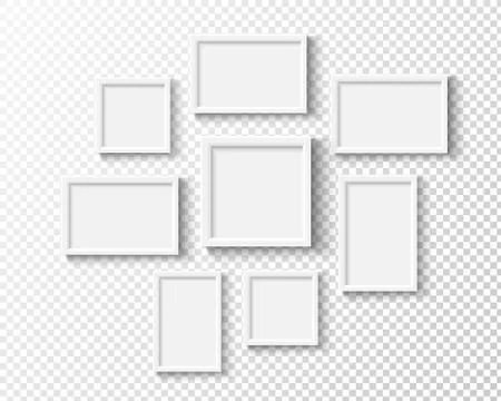 Photo frames on wall. White picture frame set. Vector empty realistic gallery Stock Illustration